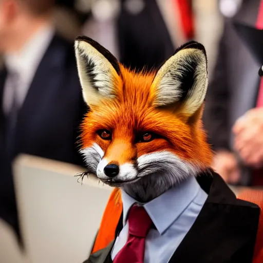 Image similar to a fox animal dressed in a suit giving a presidential press conference, 8 5 mm f / 1. 4