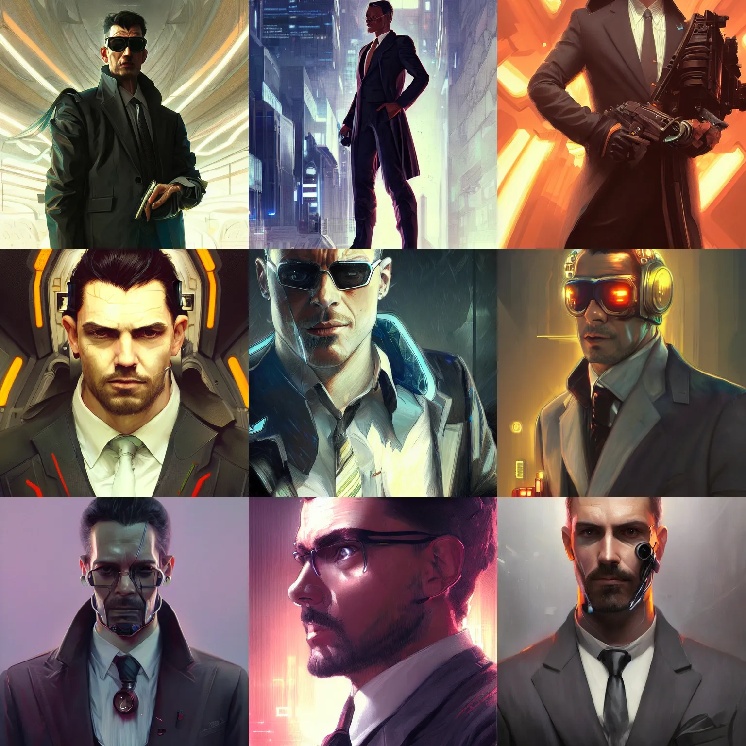 Prompt: man wearing a cyberpunk business suit, portrait, highly detailed, digital painting, artstation, concept art, sharp focus, illustration, art by artgerm and greg rutkowski and alphonse mucha