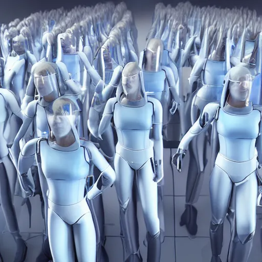 Prompt: troop of cloned women with white bob hairdos, tight light blue space cadet suits, futuristic cloning facility, sci - fi, highly detailed, cinematic