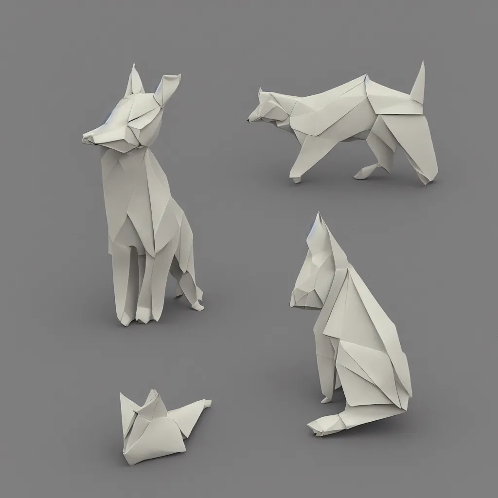 Image similar to 3 d rendering of paper japanese origami of simplified form of german shepherd, 2 d image