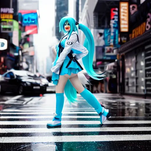 Image similar to hatsune miku cosplayer walking down a rainy new york city street, ef 8 5 mm f 1. usm