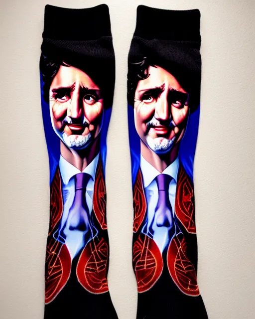 Image similar to detailed portrait of justin trudeau patterned socks!!! by tomasz alen kopera and peter mohrbacher and johanna martine! and margaret keane! coherent luminescent