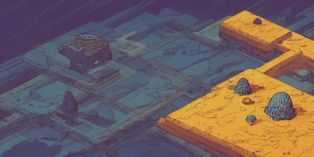 Prompt: a high high perspective landscape of a barren alien world. isometric perspective. science fiction art. moebius