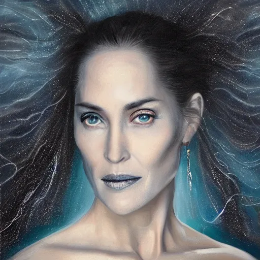 Image similar to masterpiece portrait of an aesthetic elegant mage woman, ice spell, 3 0 years old woman, sharon stone like, soft face, black dynamic hair, wearing silver diadem with blue gems inlays, silver necklace, painting by joachim bergauer and magali villeneuve, atmospheric effects, chaotic blue sparks dynamics in the background, intricate, artstation, instagram, fantasy