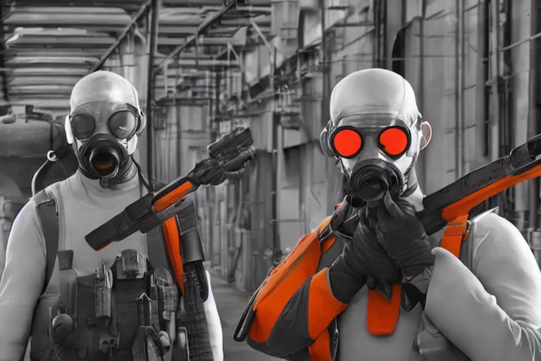 Prompt: vfx movie closeup real life gordon freeman holding wearing futuristic armor, half life logo on chest, crowbar in russian train yard, futuristic white swat team in gas masks approaching by emmanuel lubezki