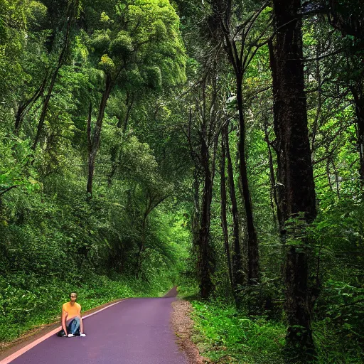 Image similar to A man sitting on a beautiful road in a forest with Nutmeg trees lined up on the side of the road with his back to the camera, professional photography