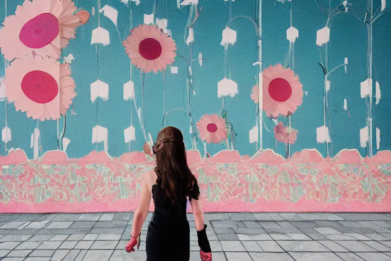 Prompt: giant flower head, girl walking in hotel, surreal, symmetry, flat space, fanciful, stark colours, detailed, wes anderson