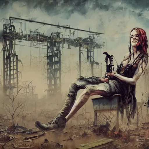 Prompt: riley keough as an apocalyptic wasteland wanderer, steelpunk, abandoned steelworks, grime and grunge, in the style of adrian ghenie, esao andrews, jenny saville,, surrealism, dark art by james jean, takato yamamoto, kodak ektar