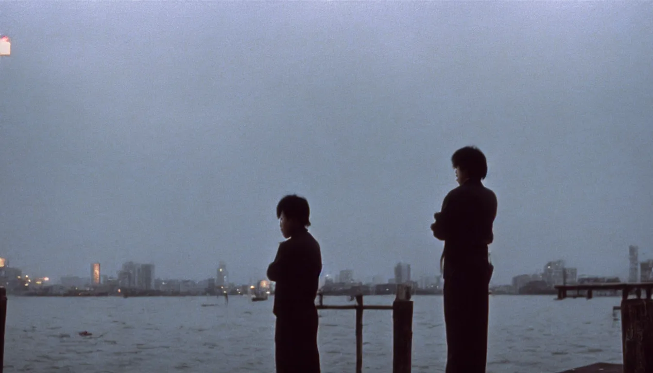 Image similar to 80s asian neon movie still with a portrait of a ghost standing on a pier by the river on early morning with bright city lights behind his back, many birds in the sky, medium format color photography, movie directed by Kar-Wai Wong, hyperrealistic, photorealistic, high definition, highly detailed, tehnicolor, anamorphic 50mm lens