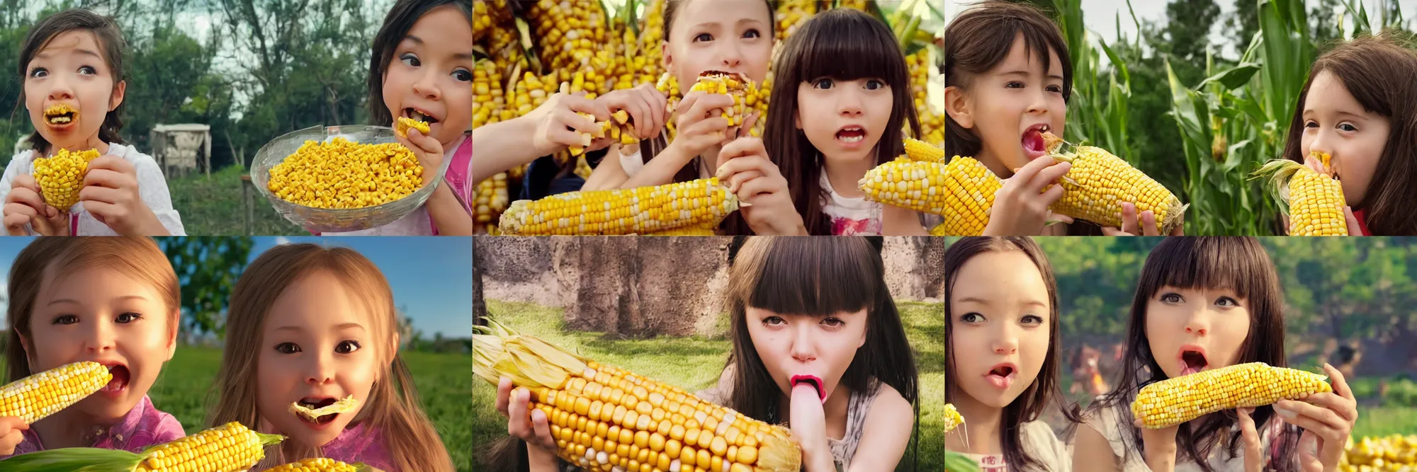 Prompt: kawaii girl eating corn, epic cinematic still, dynamic perspective