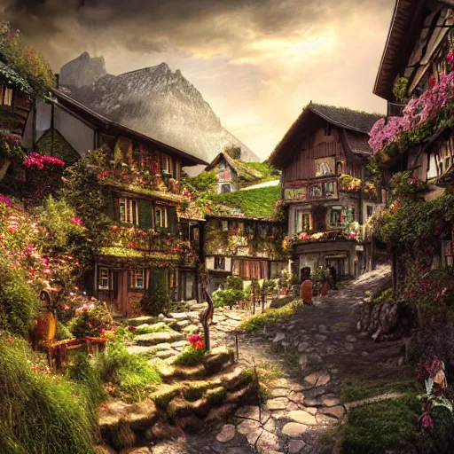 Image similar to my precious! - the hobbit - j. r. r. tolkien - a medieval village in switzerland, ornate, beautiful, atmosphere, vibe, flowers, concept art illustration, greg rutowski, volumetric lighting, sunbeams, particles