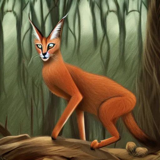 Image similar to photo of a cate caracal in the woods ilustration, concept art, sharp focus, ArtStation