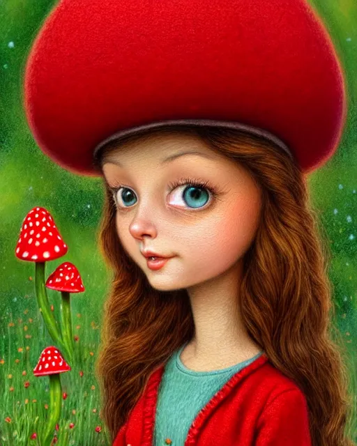 Image similar to highly detailed closeup, of a beautiful brown hair happy woman dressed in a red mushroom hat and clothes, full face view, in a mushroom garden, hyper realistic, psychedelic, illustration, nicoletta ceccoli, mark ryden, lostfish, dan decarlo, bob clampett, max fleischer, digital paint, matte paint, vivid colors, detailed and intricate environment