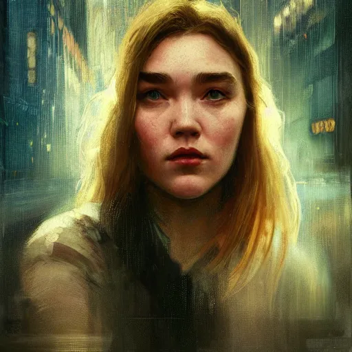 Image similar to florence pugh, hyperrealistic portrait, bladerunner street, art of elysium by jeremy mann and alphonse mucha, fantasy art, photo realistic, dynamic lighting, artstation, poster, volumetric lighting, very detailed face, 4 k, award winning