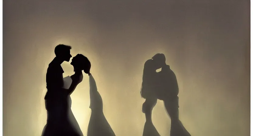 Image similar to people kissing, artwork by salman toor, cinematic light, atmospheric effects