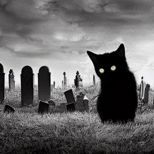 Image similar to A movie still photograph from a Tim Burton movie with a cat and a graveyard looking surreal