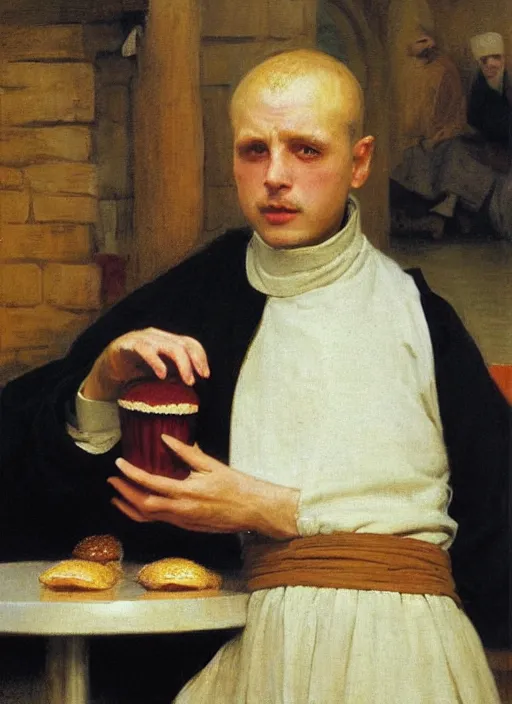 Prompt: a 1 4 th century monk wearing a turtle neck sweater at a mcdonalds by vladimir volegov and alexander averin and pierre auguste cot and delphin enjolras