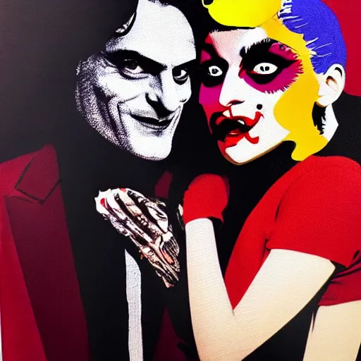 Prompt: mimmo rottela and banksy as joaquin phoenix skinny joker holding hand lady gaga harley queen, photorealistic, intricate details, pop art style, concept art, confident, love, random object movement, 3 colors, 4 k, 4 d, ultra smooth, sharp focus