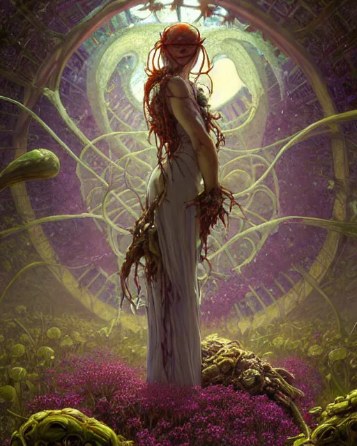 Image similar to the platonic ideal of flowers, rotting, insects and praying of cletus kasady carnage thanos nazgul doctor manhattan chtulu mandelbulb princess mononoke bioshock davinci heavy rain, d & d, fantasy, ego death, decay, dmt, psilocybin, art by artgerm and greg rutkowski and alphonse mucha