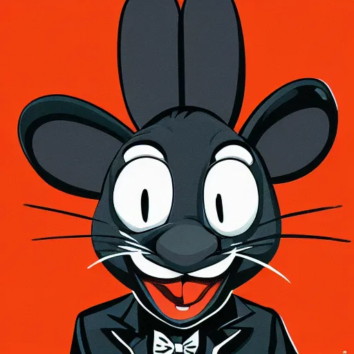 Image similar to A extremely highly detailed majestic hi-res beautiful, highly detailed head and shoulders portrait of a scary terrifying, horrifying, creepy black cartoon rabbit with a bowtie and scary big eyes, earing a shirt laughing, hey buddy, let's be friends, in the style of Walt Disney