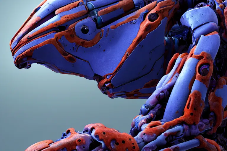 Image similar to portrait of a posed hyper detailed kaki and ultramarine leaplasher evangelion realistic mechanical and fleshy organic creature similar look as horizon forbidden west horizon zero dawn bioluminiscence in a dark deep forest at dawn in spring, with reflection and textures, by kilian eng, substance painter reaslitic mech surface metal painted scratches