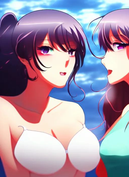 Image similar to two beautiful mothers out on a humid summer day, gorgeous faces, thick lines, cinematic lighting, detailed anime art