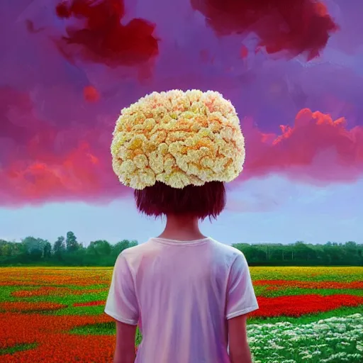 Image similar to head made of carnations flower, girl standing in a flower field, surreal photography, sunrise dramatic light, impressionist painting, colorful clouds, digital painting, artstation, simon stalenhag, flower face