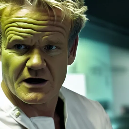 Prompt: gordon ramsey starring as the incredible hulk, movie still, 8 k