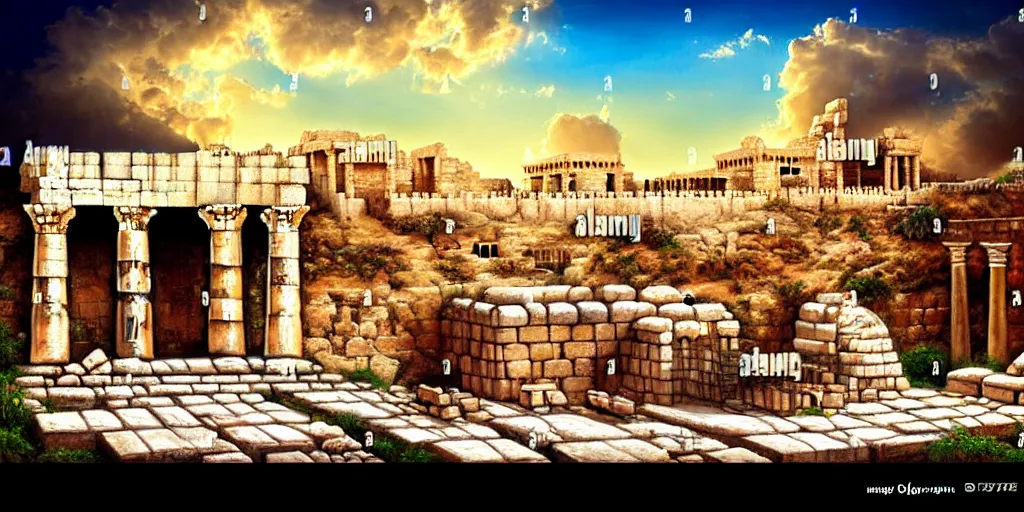 Image similar to illusion painting hidden image : an adorable small fox in the huge ruins of the second temple in jerusalem. the dreamy clouds above are shaped like the new temple. a hooded bearded old man in a brown tunic laughing, colorful 8 k, art station, intricate superb details, digital art, illusion painting hidden image.