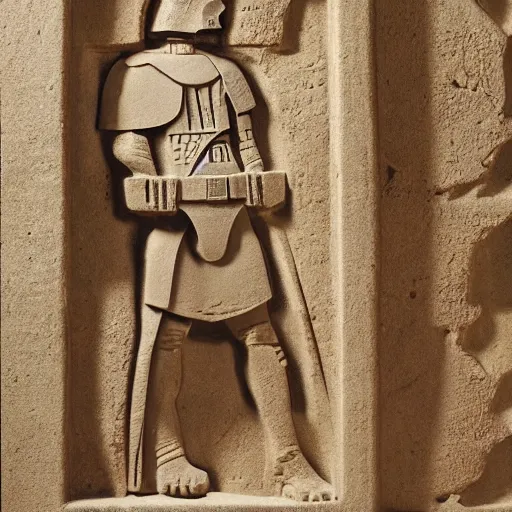 Prompt: ancient mesopotamian sandstone wall relief sculpture of darth vader, ur, iraq, featured in the smithsonian magazine