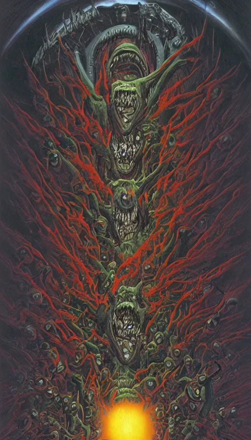 Prompt: a storm vortex made of many demonic eyes and teeth, by greg hildebrandt