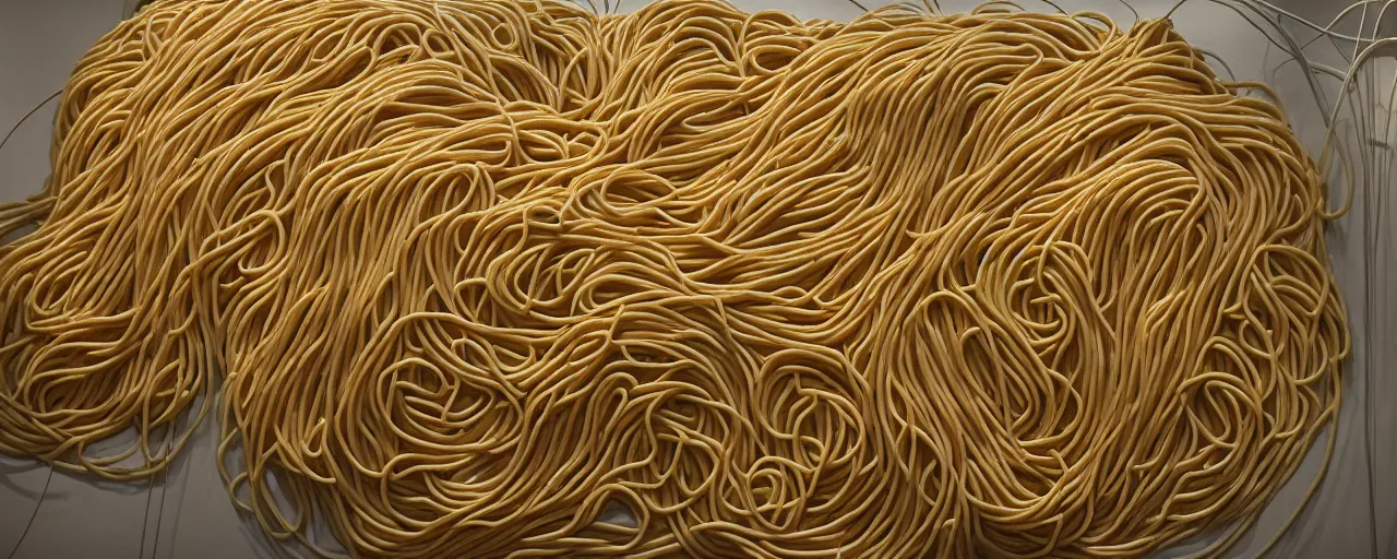 Image similar to famous sculpture made of spaghetti in ny museum of modern art, in the style of louise bourgeois, kodachrome film, retro