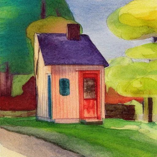 Image similar to small wooden house in the middle of spring forest, bright colours, watercolor, volumetric wool felting, macro photography, children illustration, by edward hopper