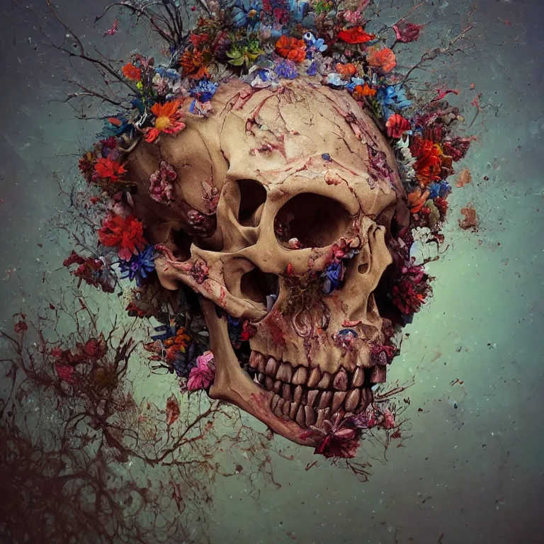 Prompt: A beautiful oil painting hyperrealism of a decayed zombie head, rotting clay skin, skull bones flowers, 8k resolution, octane render, Trending on artstation, by Gediminas Pranckevicius, volumetric light 2blue fractal Thunder glow by dan mumford, anaglyph effect, Laurie Lipton