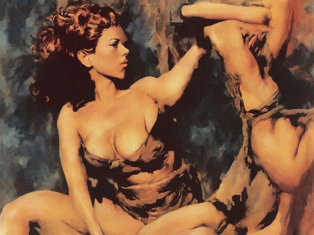 Prompt: scarlett johansson by Frank Frazetta,