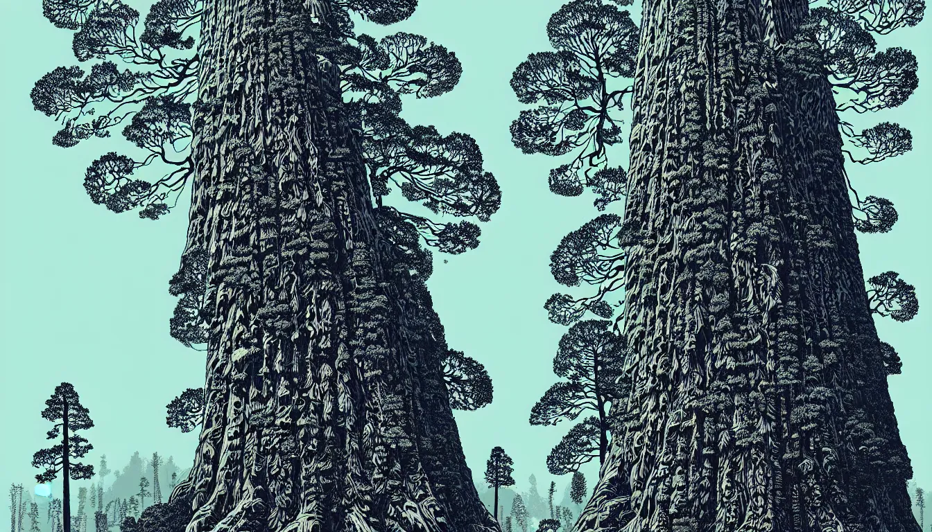 Image similar to giant sequoia by woodblock print, nicolas delort, moebius, victo ngai, josan gonzalez, kilian eng