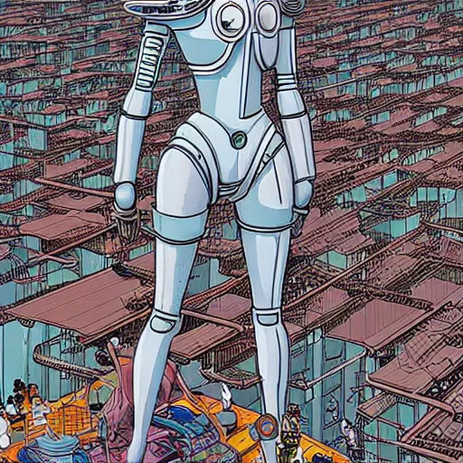 Image similar to a beautiful highly detailed futuristic mechanical lady, cyberpunk rooftop on jupiter, filled with people,, art by geof darrow,