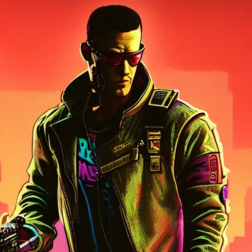 Image similar to Ezra. cyberpunk mercenary smoking a cigar. Style of James Gurney and Mœbius. (Cyberpunk 2077. Blade Runner. Apex Legends. The matrix)