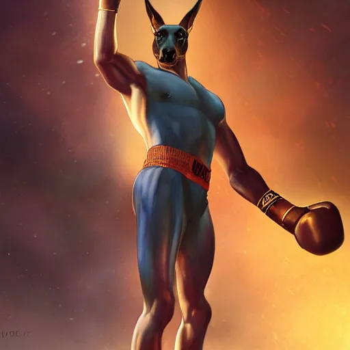 Image similar to anubis as a boxer ready to take on the world champ, boxing ring, strong spotlights, 4 k, trending on artstation, sharp focus, concept art, extremely detailed, intricate, sakimichan, artgerm, greg rutkowski