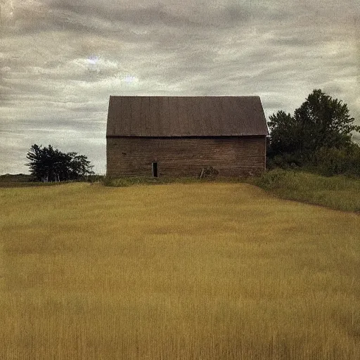 Prompt: “a soft prairie landscape with a white washed farmhouse and dilapidated barn, during august late afternoon, gentle wispy clouds, in the style of Andrew Wyeth, muted colours, f3.5”