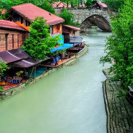 Prompt: a river flowing through a futuristic eastern european village, summer photo