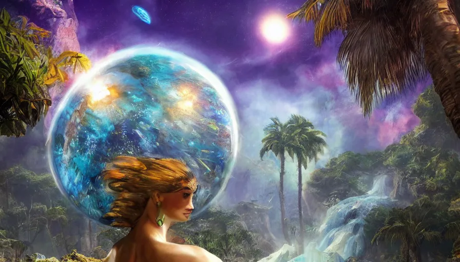 Image similar to frank frazetta art, science fiction landscape, glowing woman from space, giant soft creatures, multicolored palm trees, crystal water fall, space ship sphere, deviant art, unreal engine, realistic shading, realistic render, octane render, detailed textures, photorealistic, wide shot