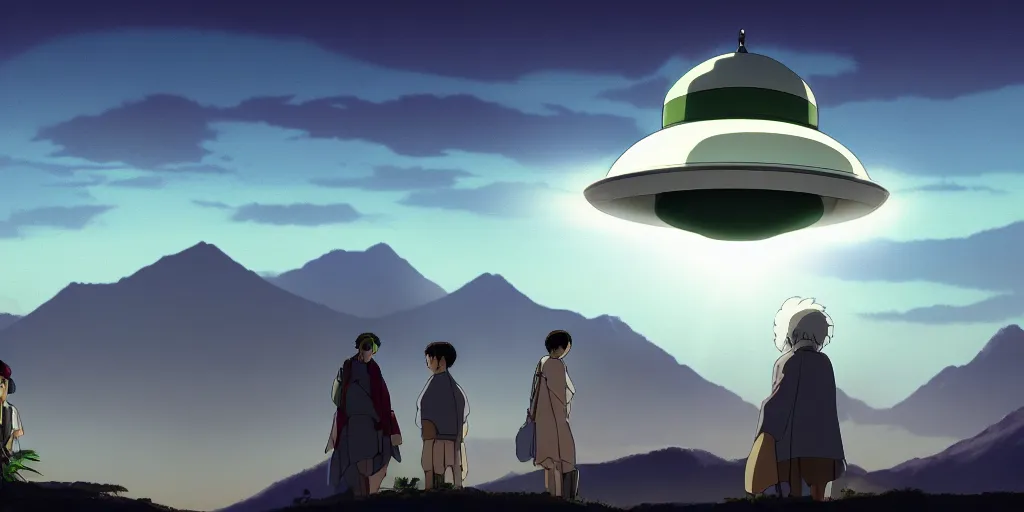 Image similar to an asymmetrical cell - shaded studio ghibli concept art study of a giant silver hovering ufo shining a spotlight on a middle eastern merchant. very dull colors,, hd, 4 k, hq