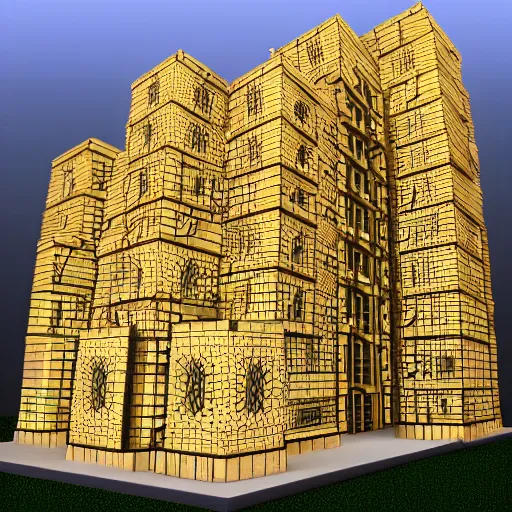 Image similar to 3 d rendering of menger sponge, the size of a building, dramatic lighting, with lights on in the windows