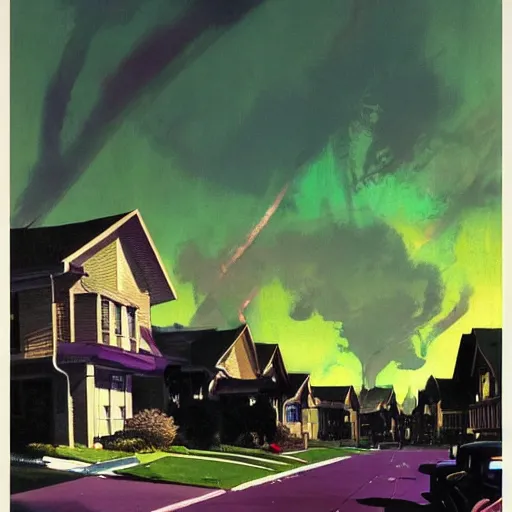 Image similar to a suburban neighborhood with deep green and purple glowing clouds. highly detailed science fiction painting by norman rockwell, frank frazetta, and syd mead. rich colors, high contrast, gloomy atmosphere, dark background. trending on artstation.