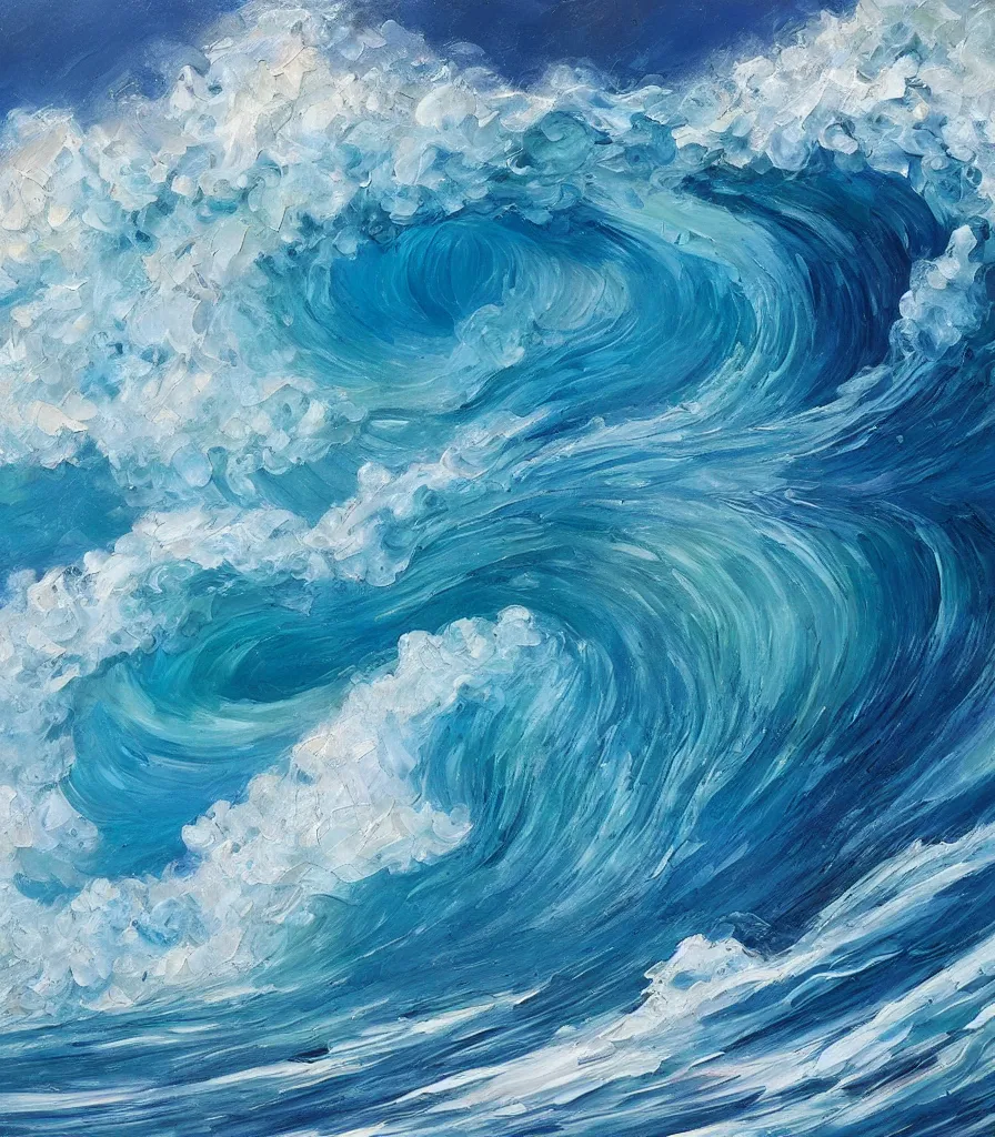 Image similar to an impasto oil painting of a beautiful hawaiian waves, monochromatic color scheme, high detail, breathtaking wave, modern art, abstract art, soft colors