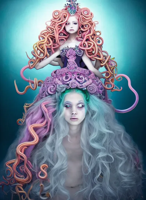 Image similar to A full body shot of a cute and mischievous young monster princess with hair made of tentacles wearing an ornate gown. Dynamic Pose. Quinceanera dress. Rainbow palette. rainbowcore. Eldritch Beauty. defined facial features, symmetrical facial features. Opalescent surface. beautiful lighting. By Giger and Ruan Jia and Artgerm and WLOP and William-Adolphe Bouguereau. Hyper-real. Fantasy Illustration. Masterpiece. trending on artstation, featured on pixiv, award winning, cinematic composition, dramatic pose, sharp, details, Hyper-detailed, HD, HDR, 4K, 8K.