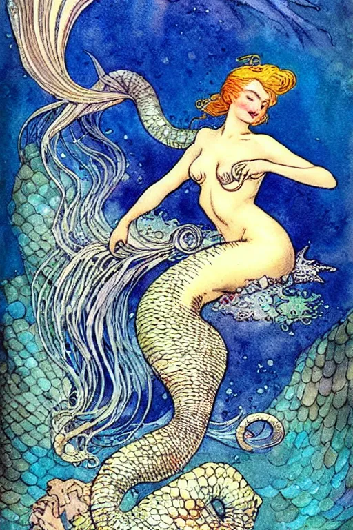 Image similar to mermaid with two eel tails underwater, fantasy art, trending on artstation, little mermaid fairytale, art by hans zatzka and walter crane and kay nielsen, watercolor illustration,