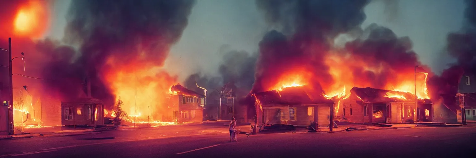 Image similar to detailed medium format photo, cinema still from a 9 0's scandinavian movie, sleazy man watching night streets while a single house burns in the background, haze, high production value, intricate details, 8 k resolution, hyperrealistic, hdr, photorealistic, high definition, tehnicolor, award - winning photography, masterpiece, amazing colors
