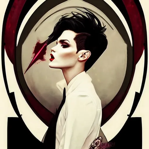 Image similar to beautiful portrait of androgynous ruby rose as desire from sandman in a white tuxedo!!!, rockabilly style, by alphonse mucha, cedric peyravernay, by jeremy mann, by frank moth, white suit and black tie, soft lightning, high detailed, 8 k